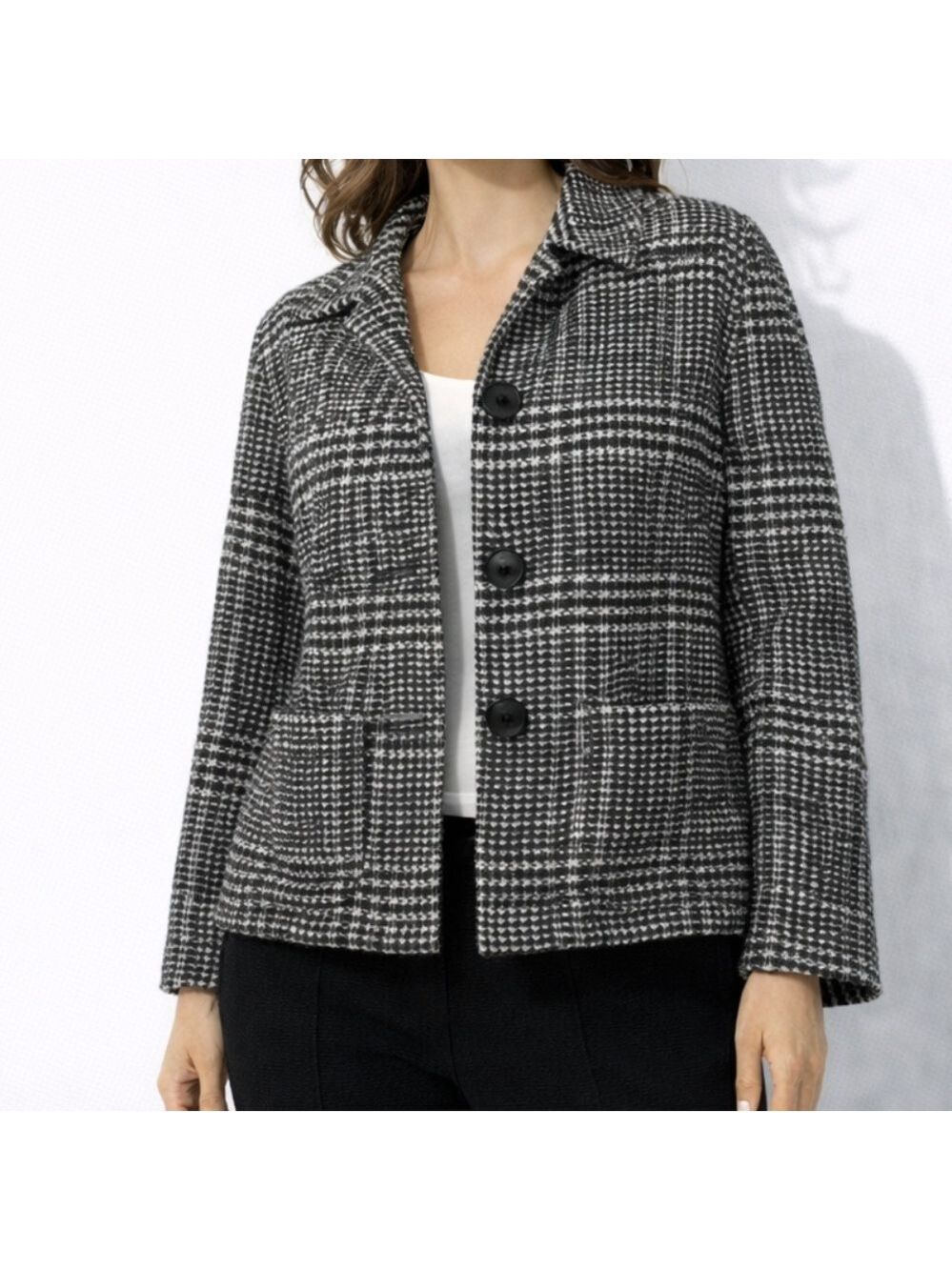 Talbots Heritage Plaid Italian Wool Alpaca Jacket Black White Blazer Size 10